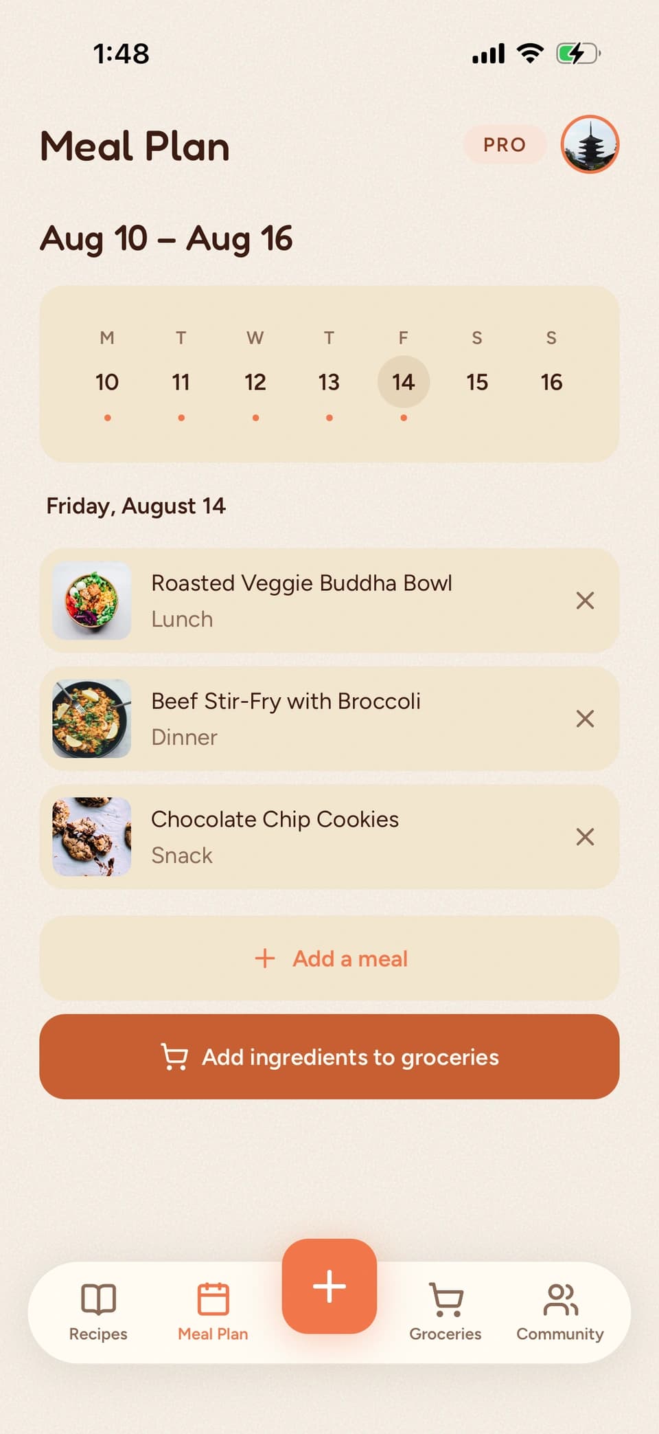 The Meal plan screen in the Bento app