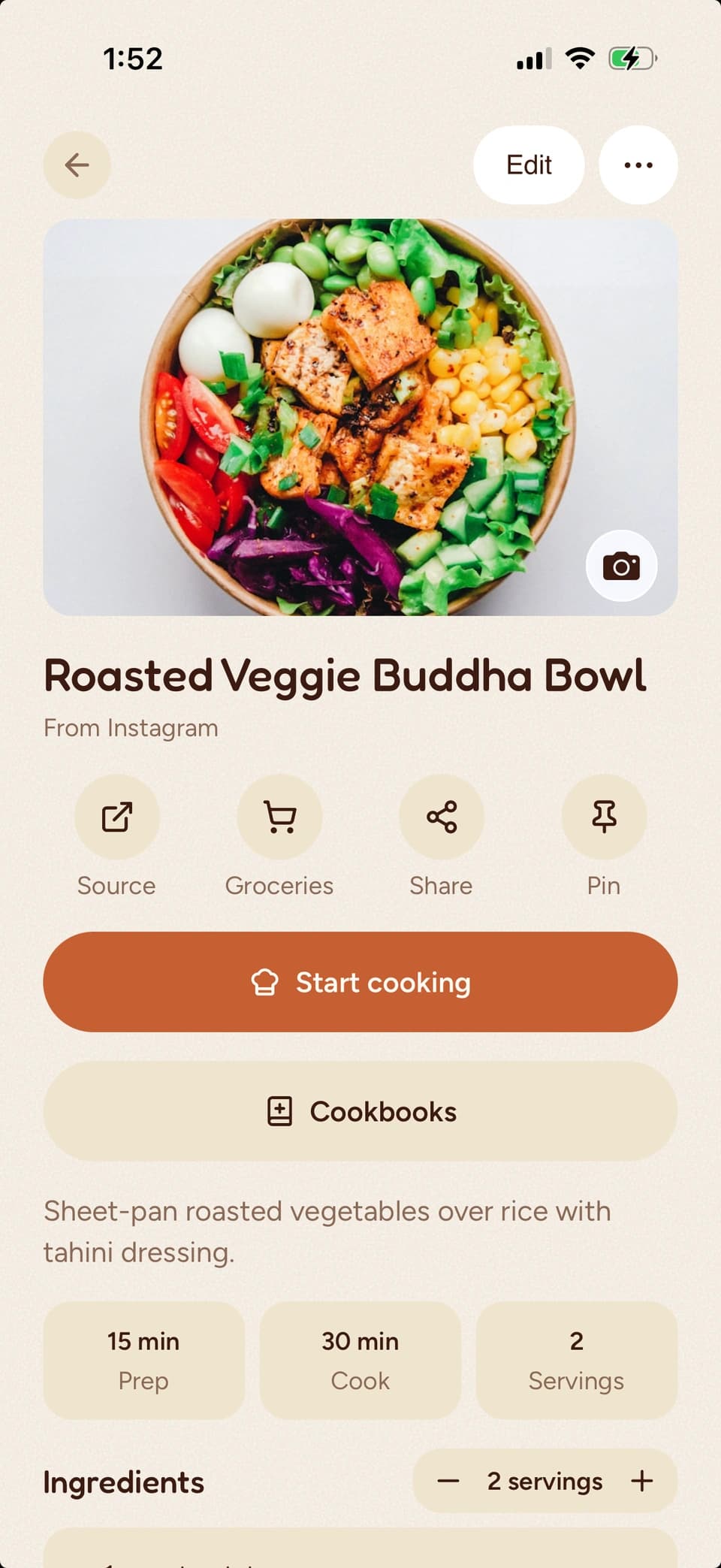 The Recipe screen in the Bento app